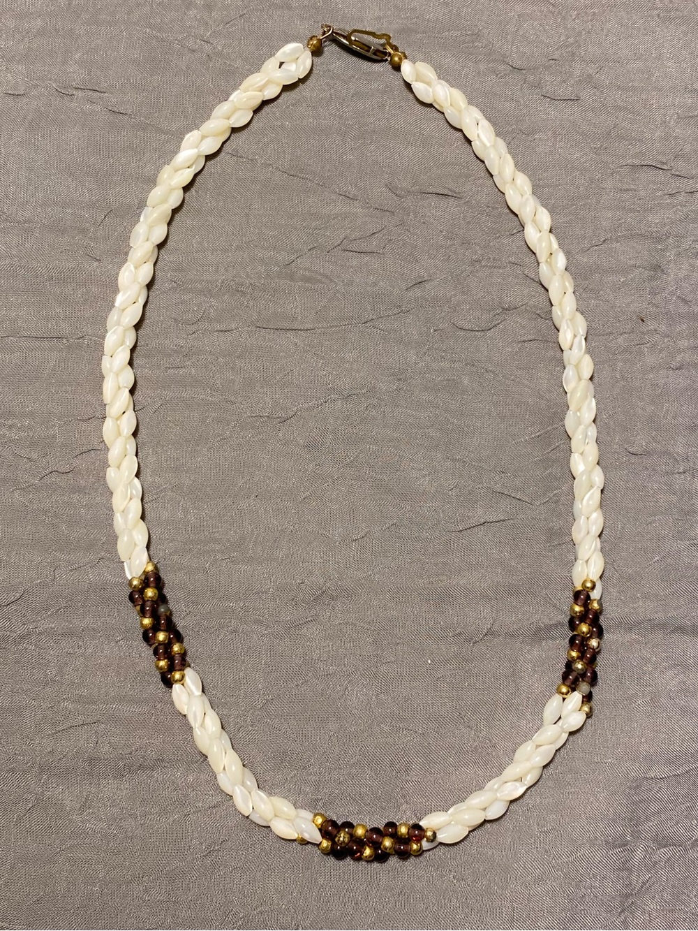 Unique Vintage White Seed Pearl Necklace w/Purple/Gold Accents